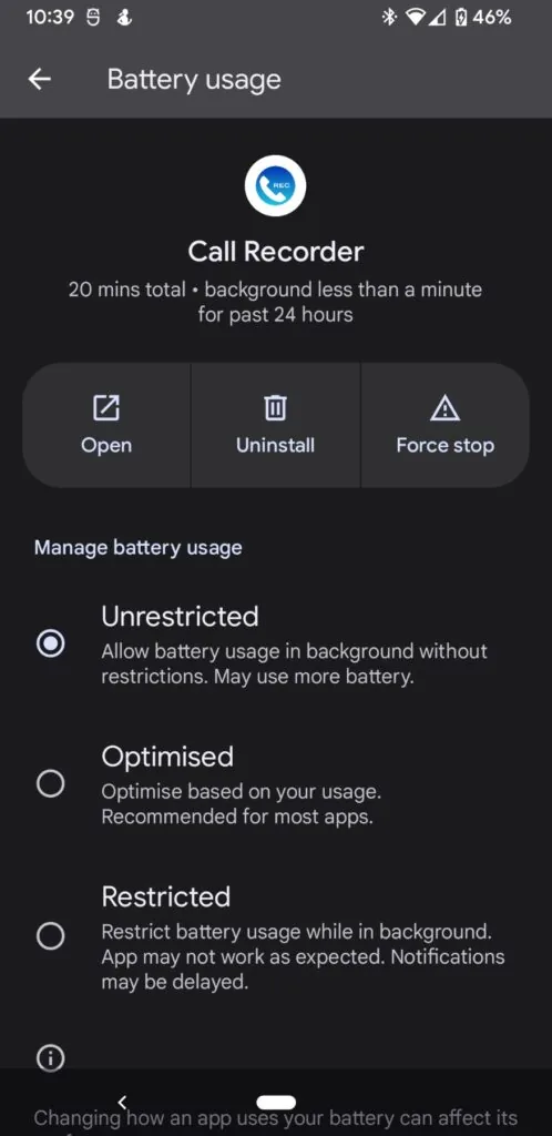 Battery settings of Call Recorder set to Unrestricted