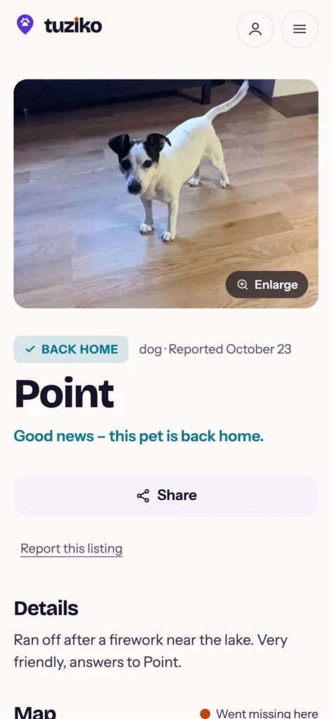 Tuziko listing of a dog that is back home, on a phone