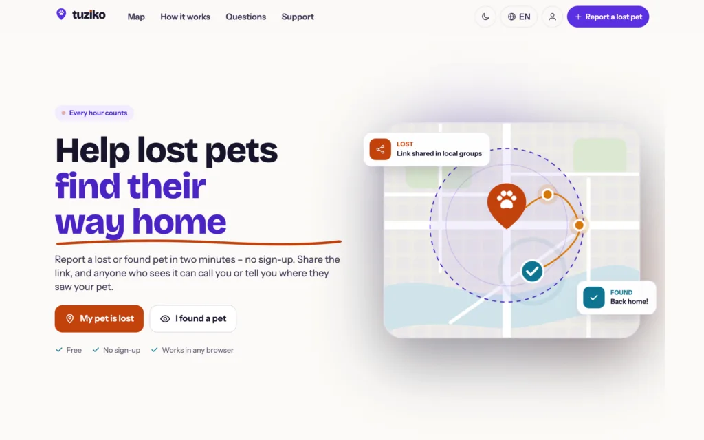 Tuziko home page: help lost pets find their way home