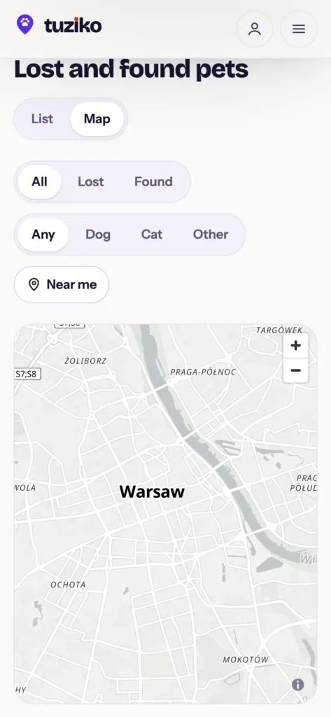 Tuziko map of lost and found pets on a phone