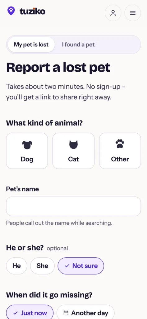 Report a lost pet form on a phone